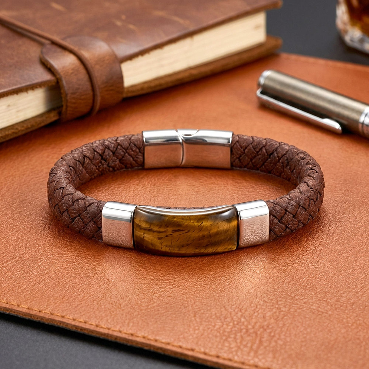 Niki Leather Kaplan Gözü Taşlı Kahverengi Deri Erkek Çelik Bileklik 38934B6D2