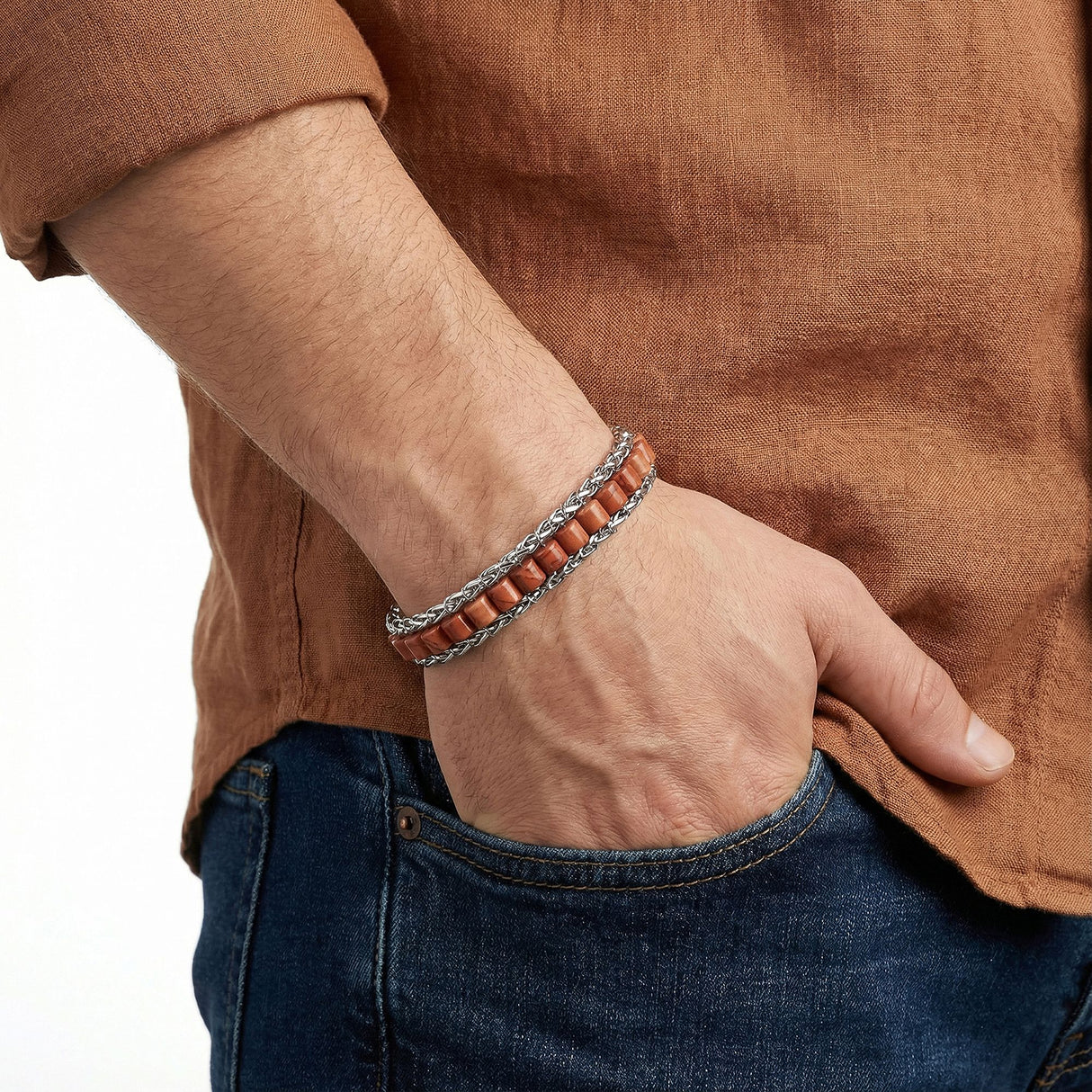 Niki Leather Kırmızı Jasper Doğal Taşlı Hasır Örgü Zincirli Erkek Çelik Bileklik 38932B28D10