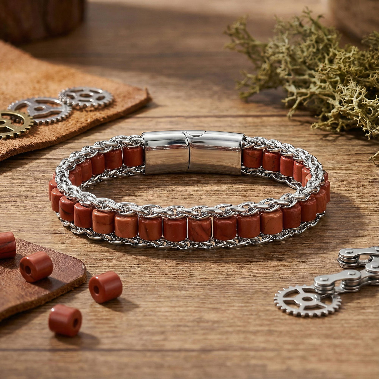 Niki Leather Kırmızı Jasper Doğal Taşlı Hasır Örgü Zincirli Erkek Çelik Bileklik 38932B28D10