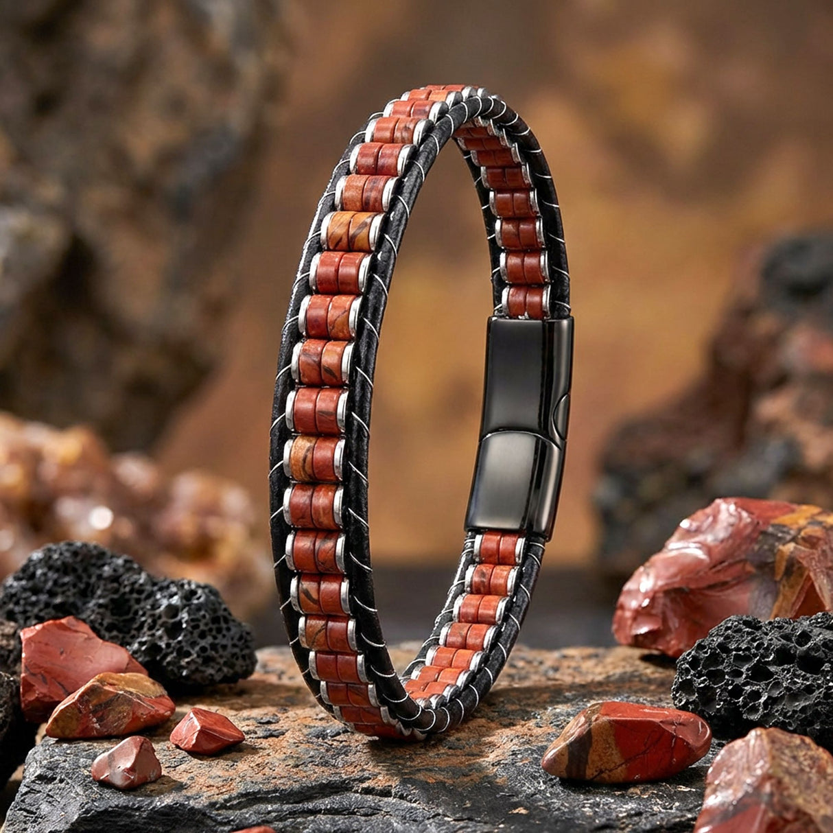 Niki Leather Kırmızı Jasper & Hematit Çelik Örgülü Deri Bileklik 38932B22D6