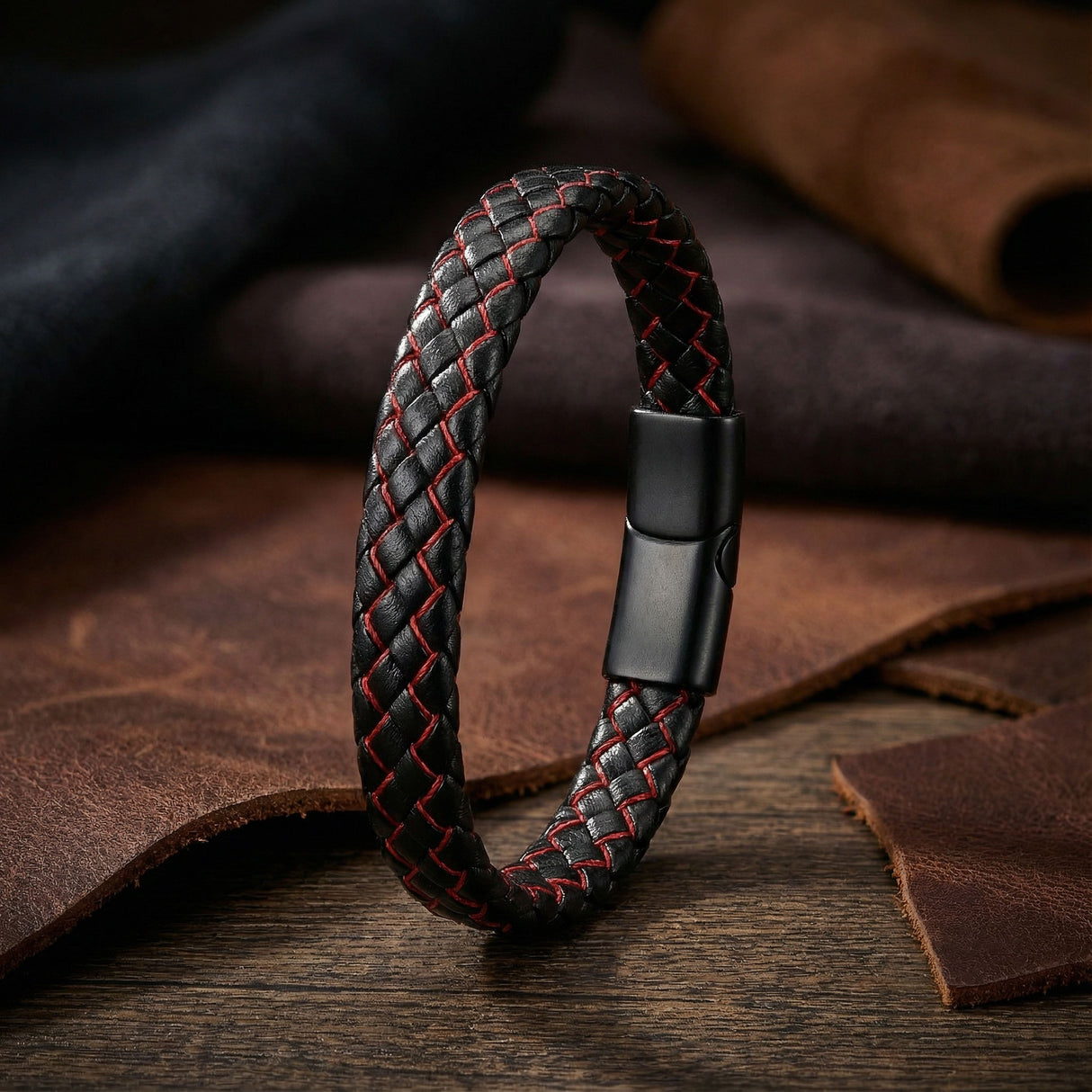 Niki Leather Kırmızı Siyah Deri Örgü Çelik Bileklik 38933B4D2