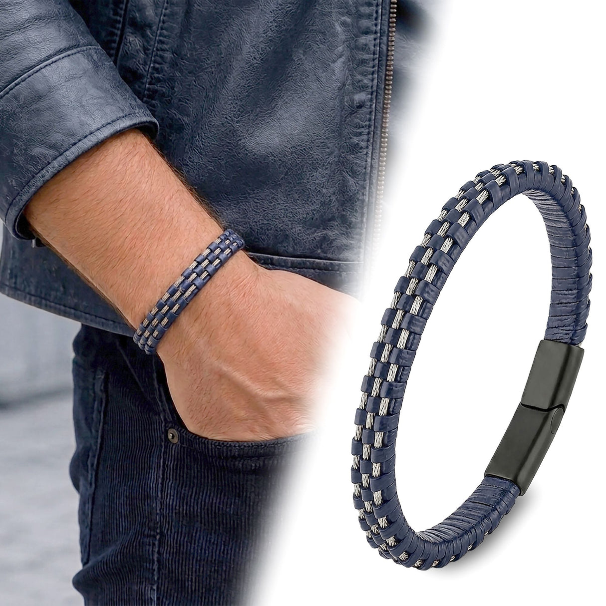 Niki Leather Lacivert Deri Burma Örgü Çelik Halat Bileklik 40134B1D3-4