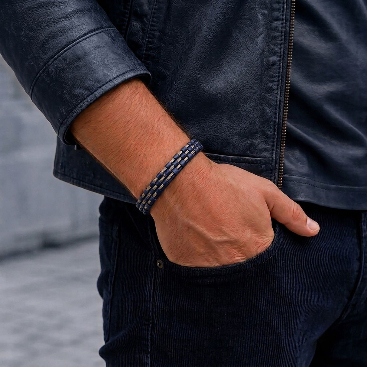 Niki Leather Lacivert Deri Burma Örgü Çelik Halat Bileklik 40134B1D3-4