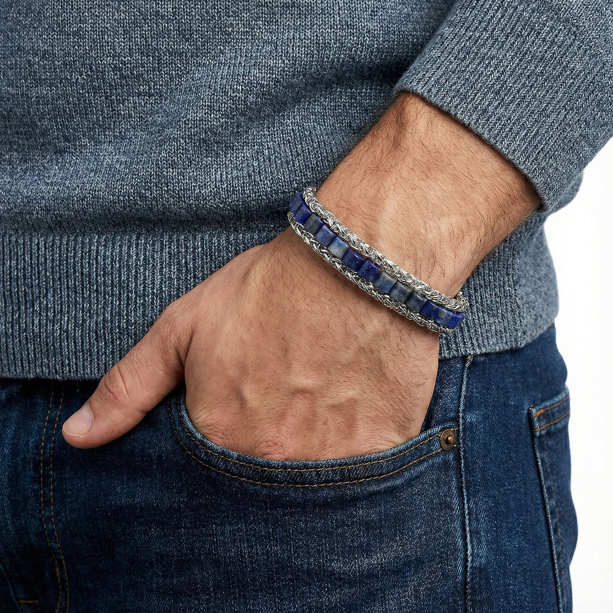 Niki Leather Lapis Doğal Taşlı Hasır Örgü Zincirli Erkek Çelik Bileklik 38932B28D4