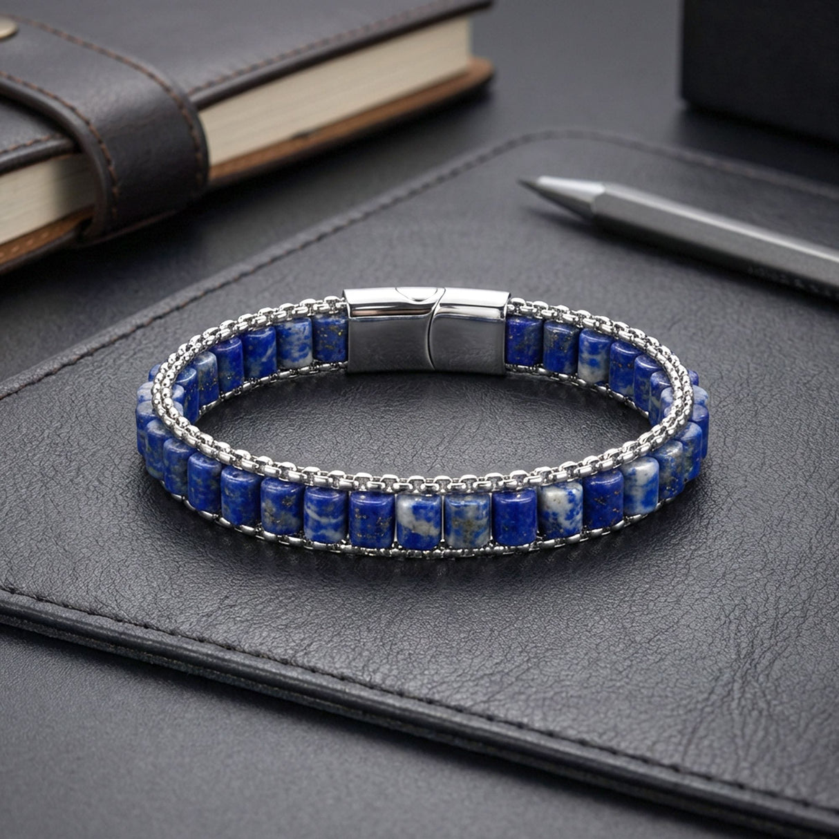 Niki Leather Lapis Doğal Taşlı Hasır Örgü Zincirli Erkek Çelik Bileklik 38932B28D17