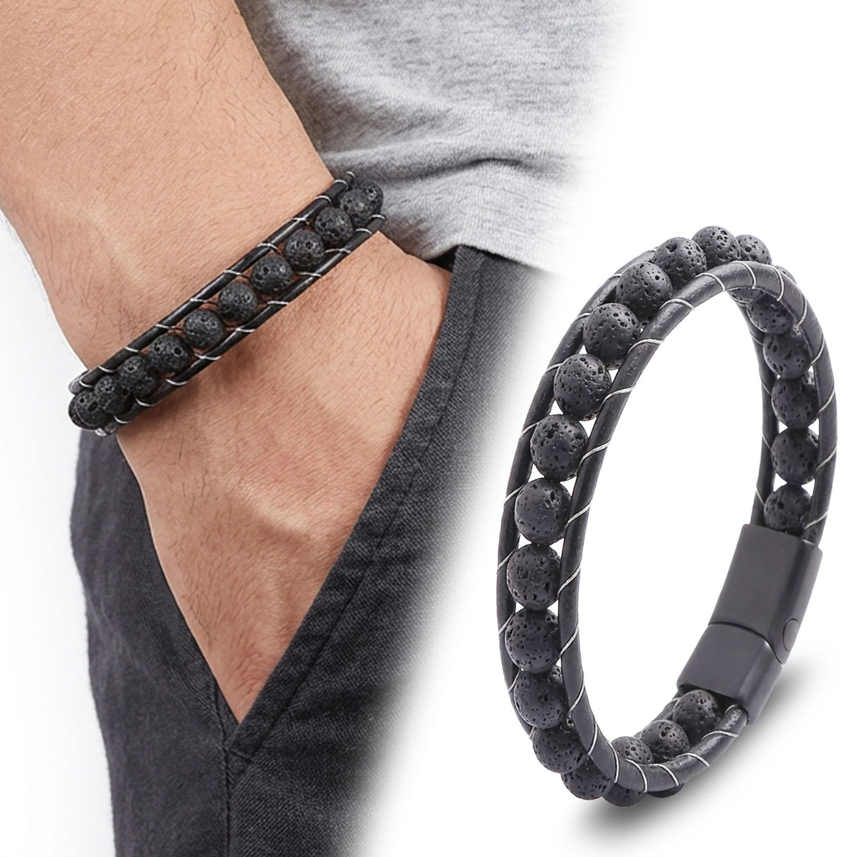Niki Leather Lav Taşı Doğaltaş Deri Bileklik 40132B2D8M3