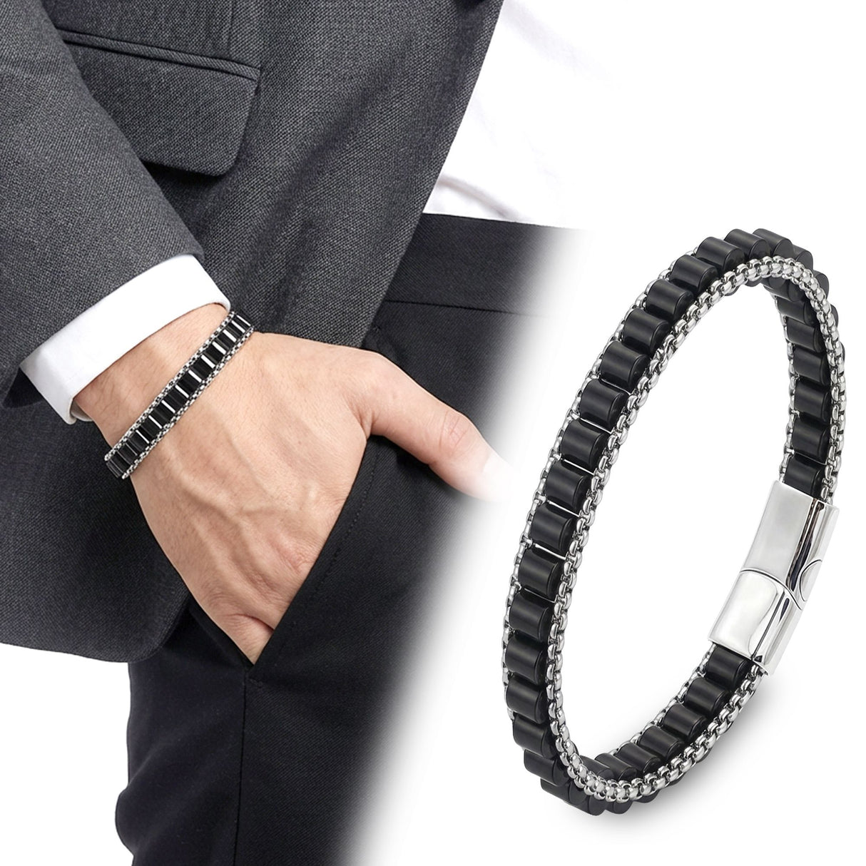 Niki Leather Oniks Doğal Taşlı Hasır Örgü Zincirli Erkek Çelik Bileklik 40132B28D11