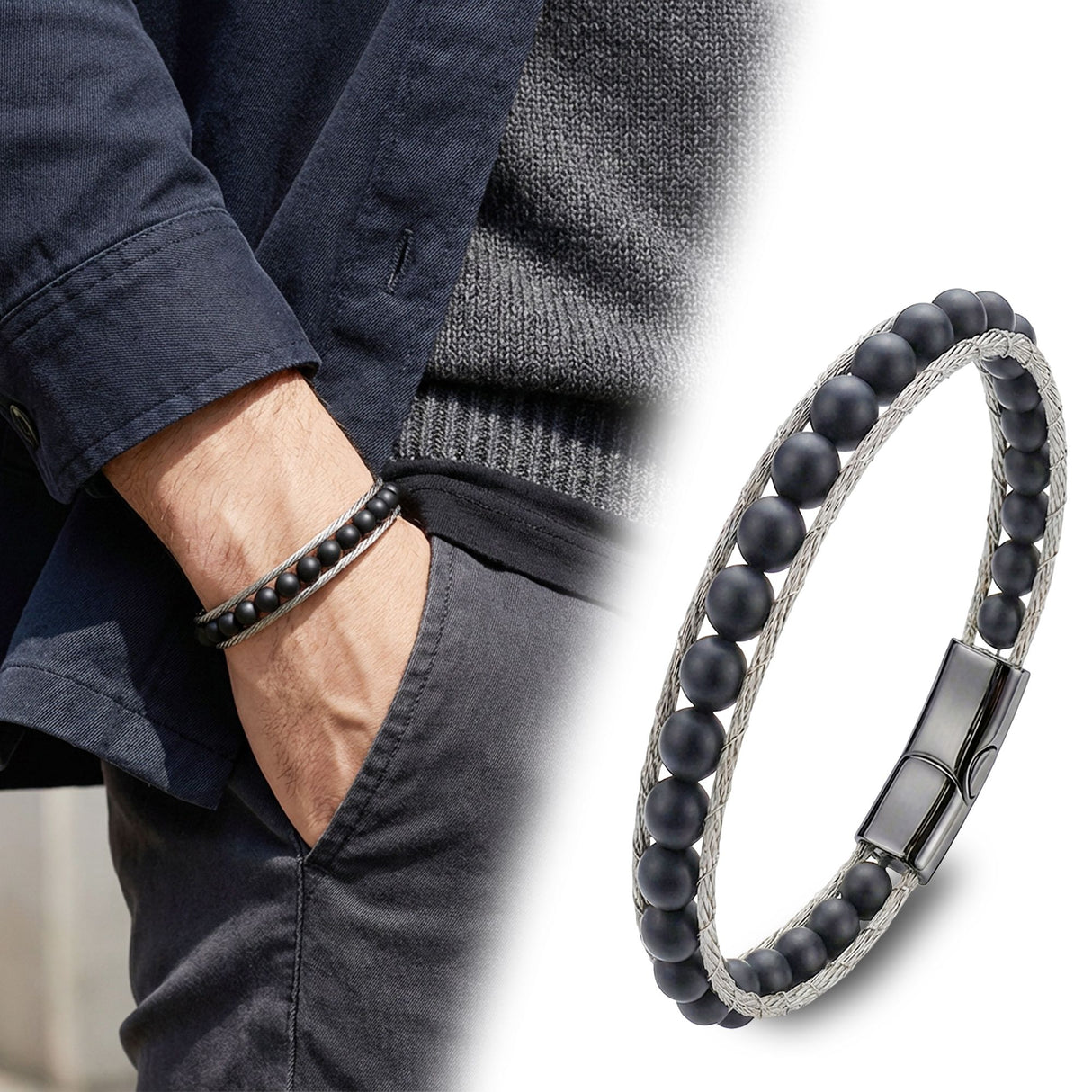 Niki Leather Oniks Doğaltaş Ve Çelik Halat Örme Bileklik 38932B2DH1
