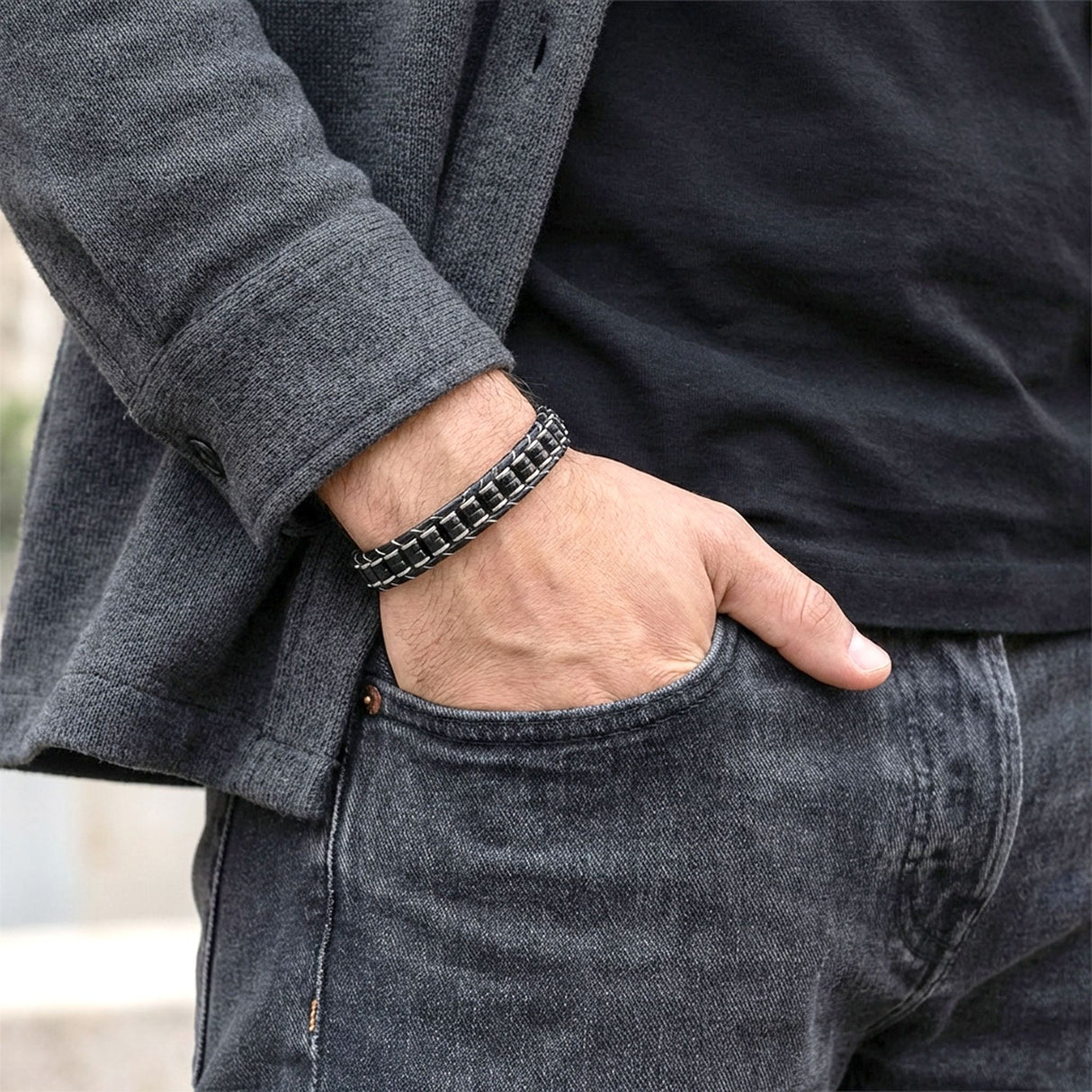Niki Leather Oniks & Hematit Çelik Örgülü Deri Bileklik 38932B22D2