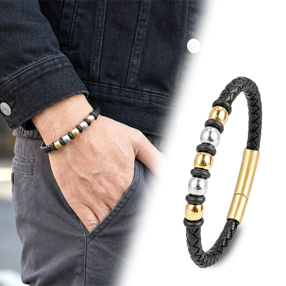 Niki Leather Orijinal Deri ve 316L Gold Çelik Erkek Bileklik 40134B21D2