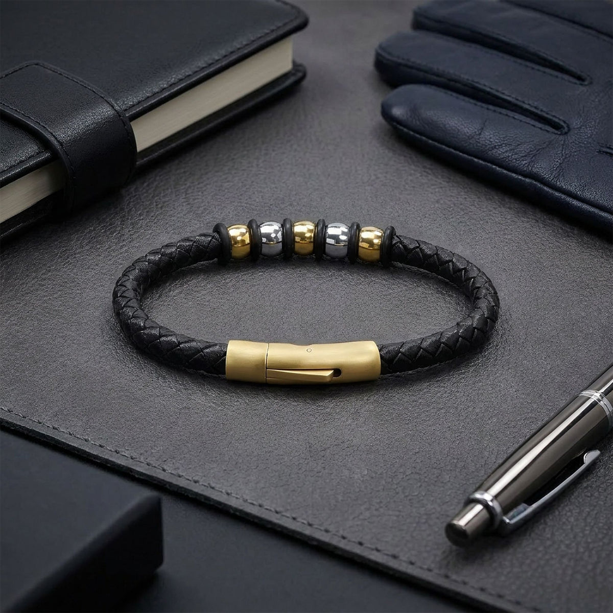 Niki Leather Orijinal Deri ve 316L Gold Çelik Erkek Bileklik 40134B21D2