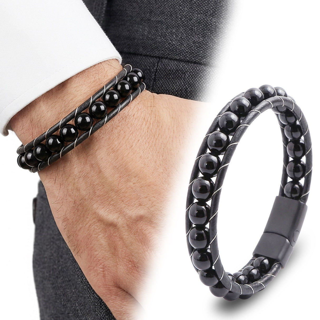 Niki Leather Parlak Oniks Taşı Örmeli Deri Bileklik 40132B2D8M25