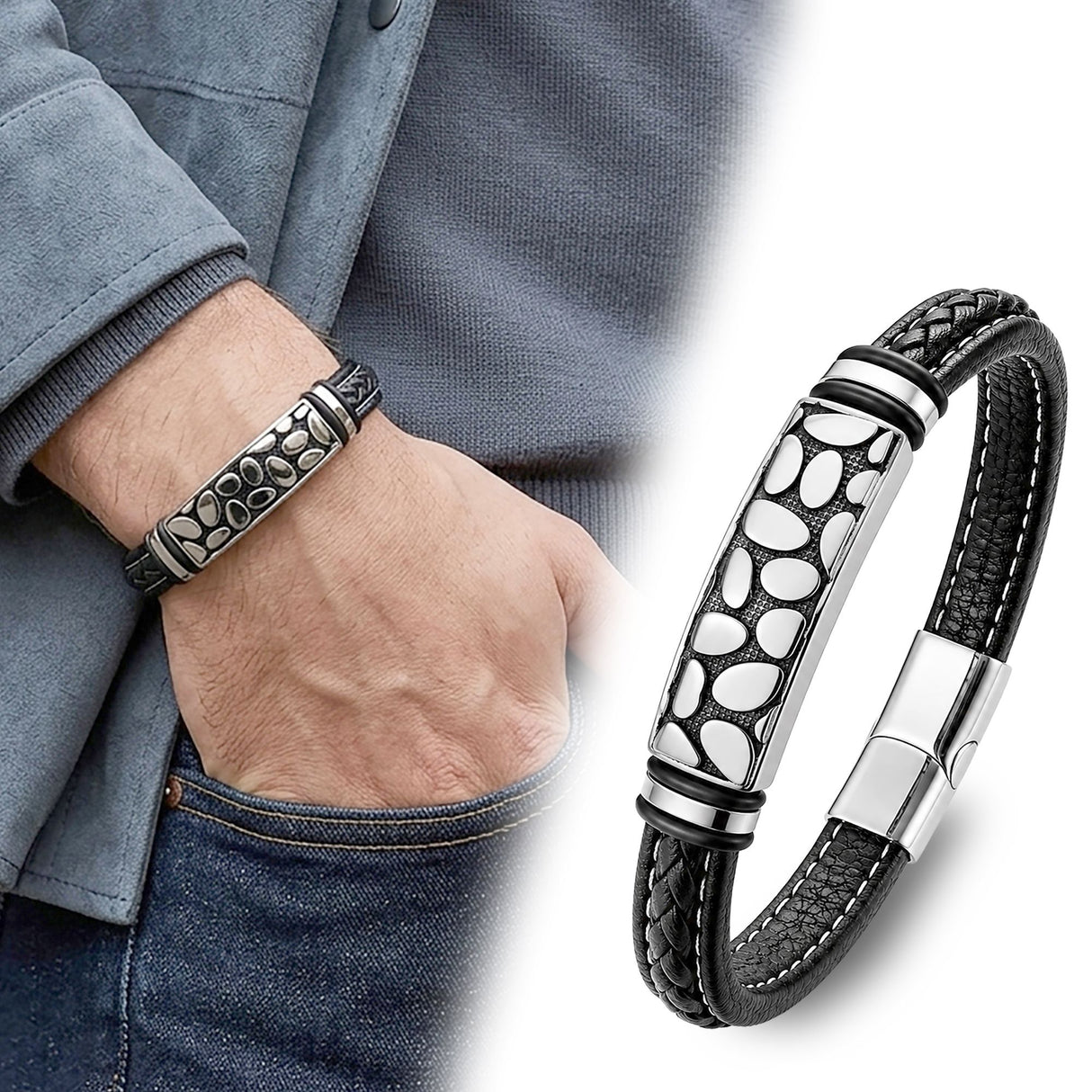Niki Leather River Stone Motifli Çelik Kilitli Siyah Deri Erkek Bileklik. 40131B8D4
