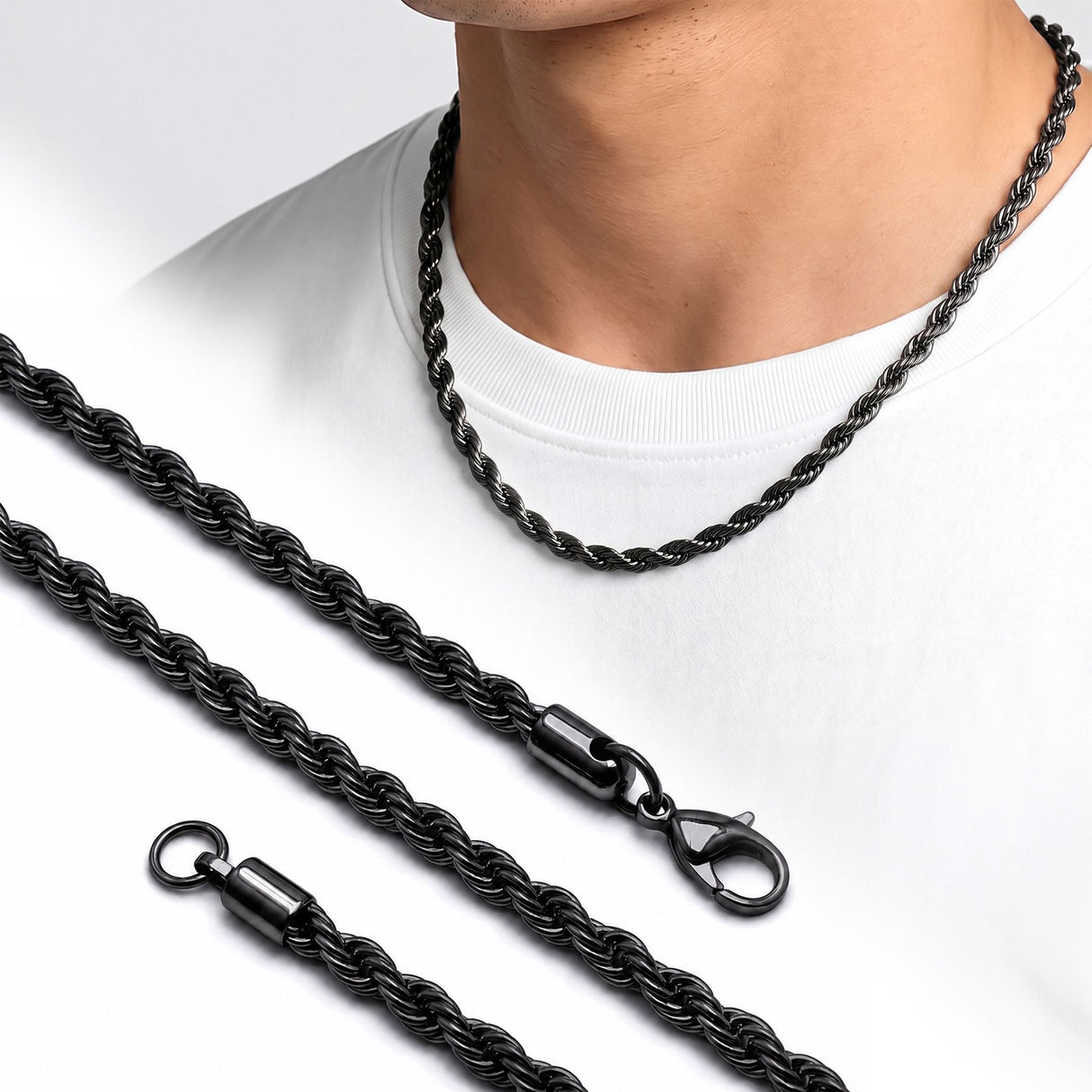 Niki Leather Rope Halat Siyah Erkek Çelik Kolye 6mm 55cm 4013ECK024