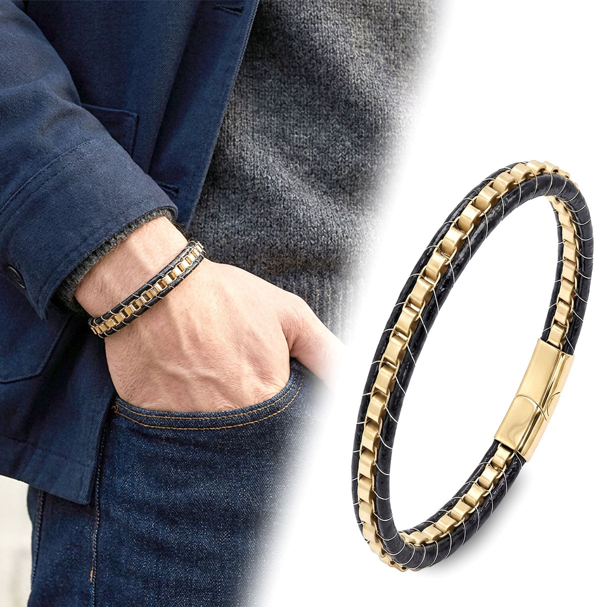 Niki Leather Sarı Çelik Zincir Örgülü Ve Deri Erkek Bileklik 38934B24D4