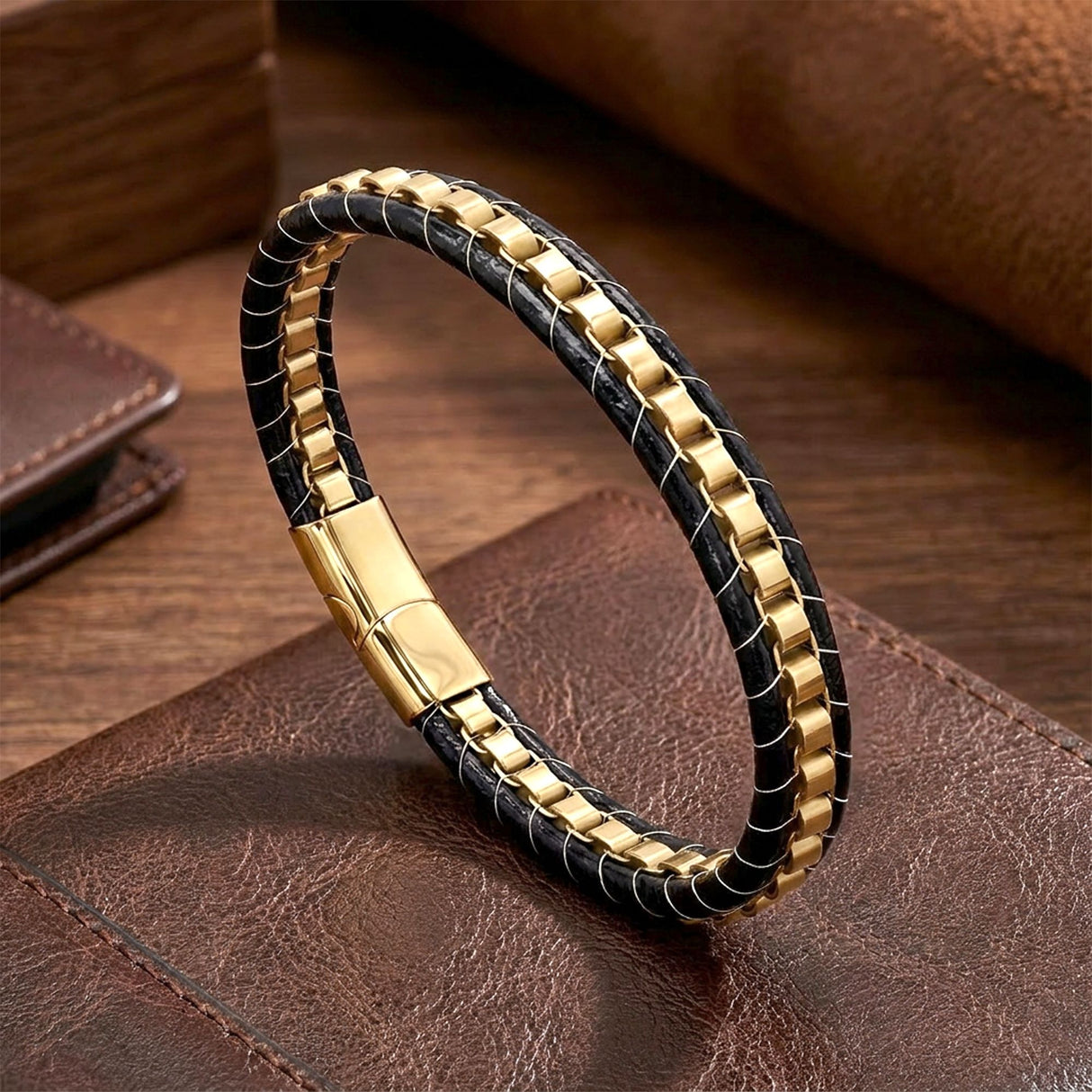 Niki Leather Sarı Çelik Zincir Örgülü Ve Deri Erkek Bileklik 38934B24D4