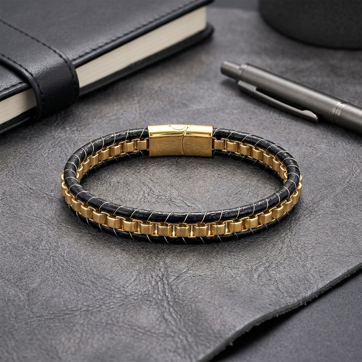 Niki Leather Sarı Çelik Zincir Örgülü Ve Deri Erkek Bileklik 38934B24D4