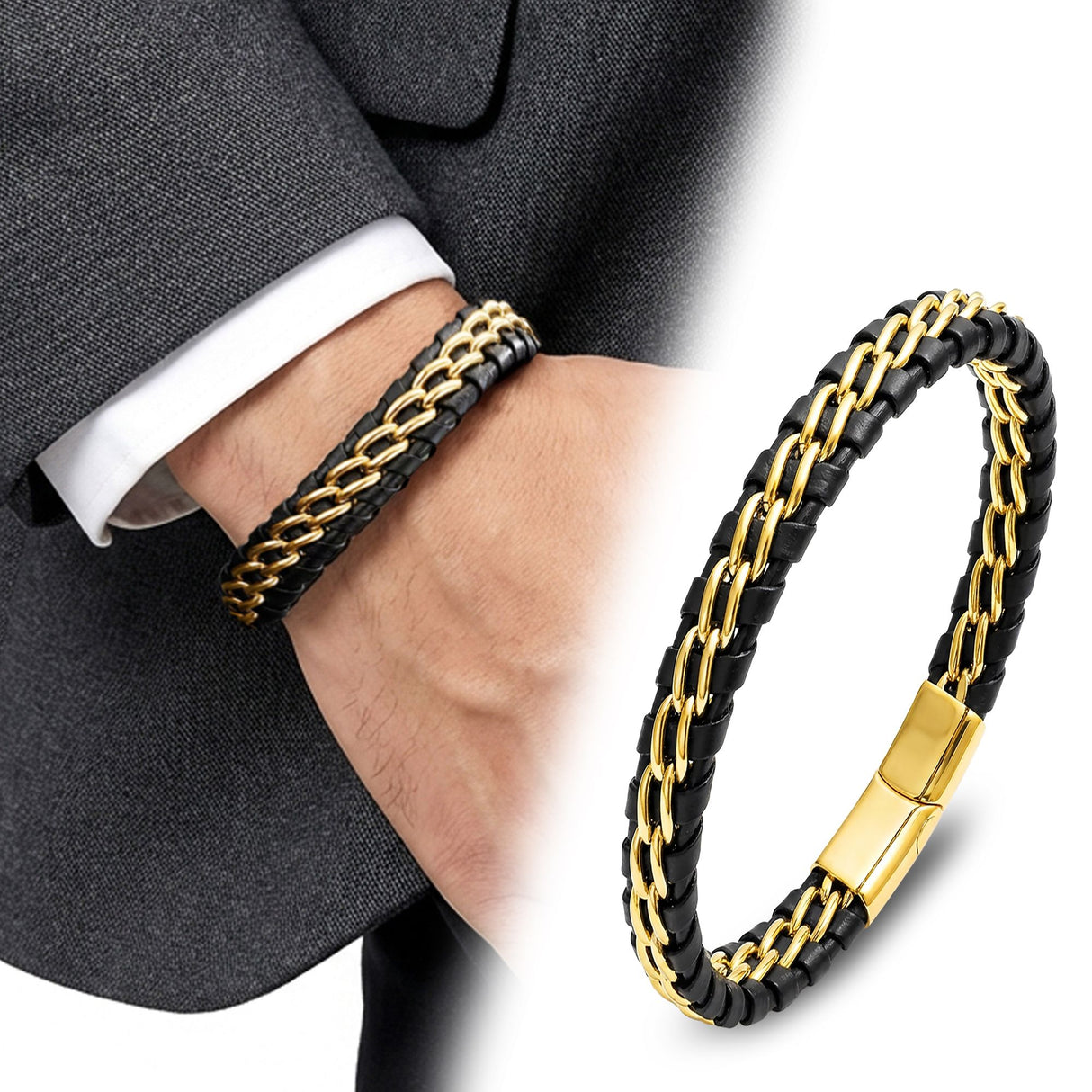 Niki Leather Sarı Çift Zincir Çelik Ve Deri Bileklik 38934B2D4