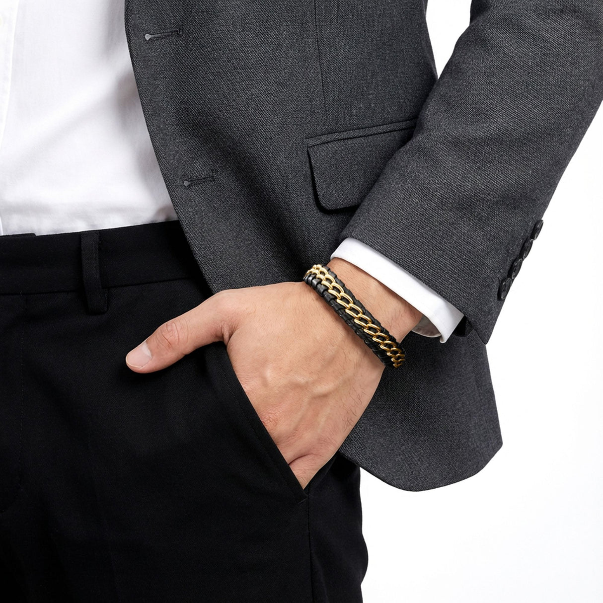 Niki Leather Sarı Çift Zincir Çelik Ve Deri Bileklik 38934B2D4