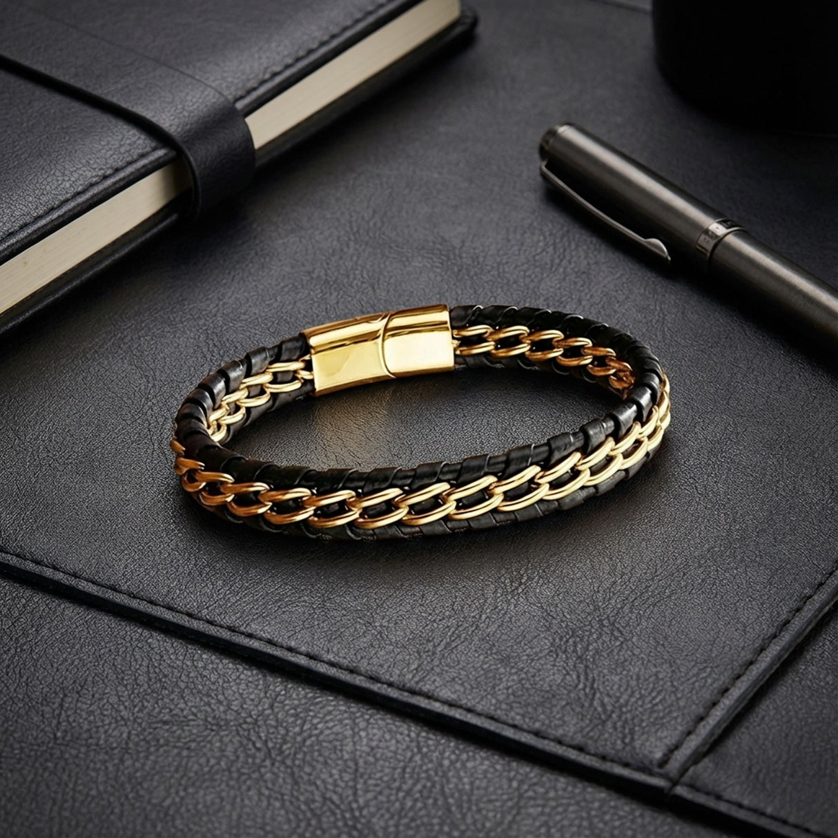 Niki Leather Sarı Çift Zincir Çelik Ve Deri Bileklik 38934B2D4