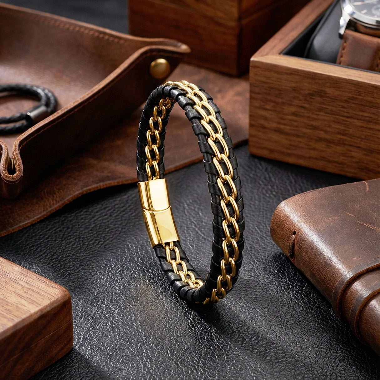 Niki Leather Sarı Çift Zincir Çelik Ve Deri Bileklik 38934B2D4