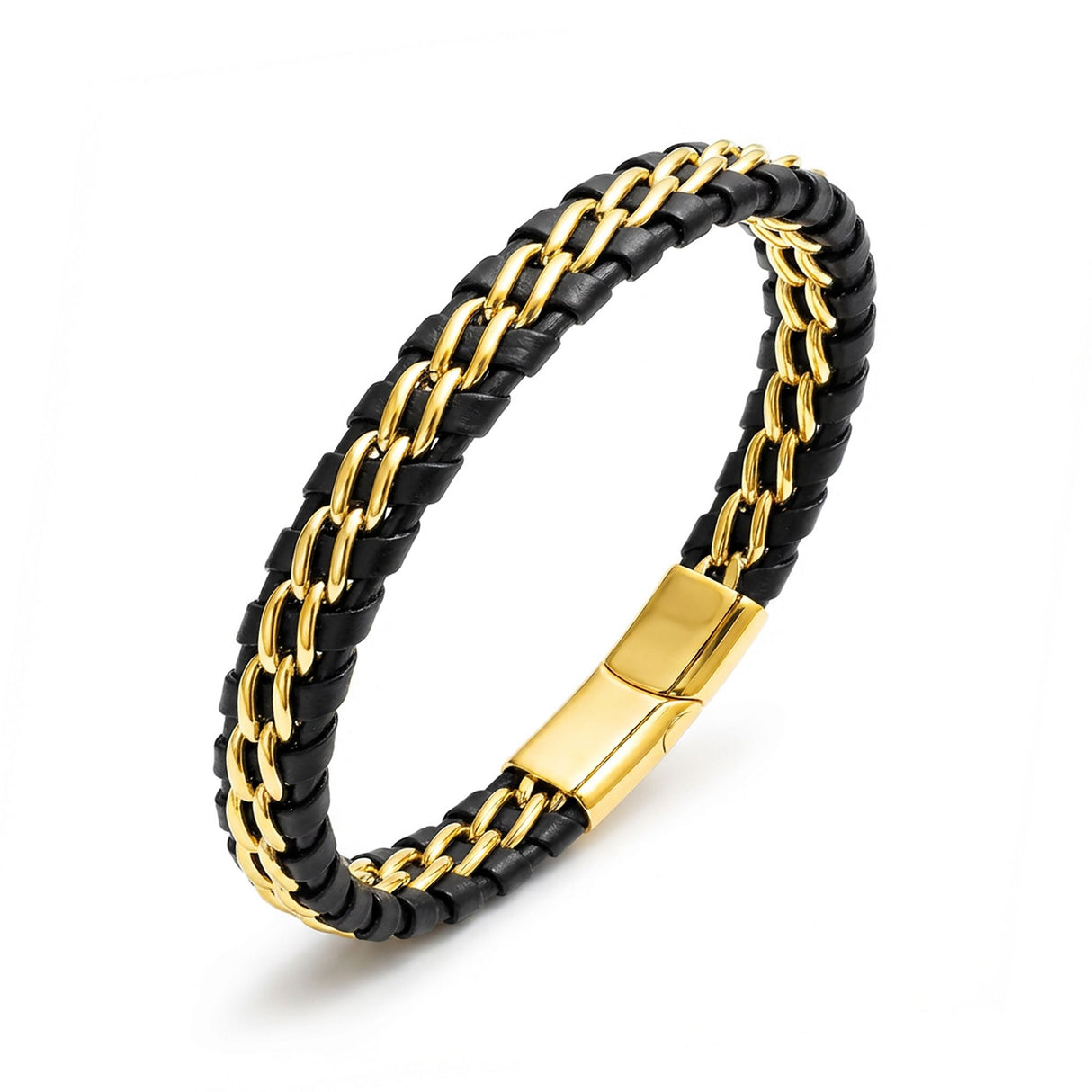 Niki Leather Sarı Çift Zincir Çelik Ve Deri Bileklik 38934B2D4