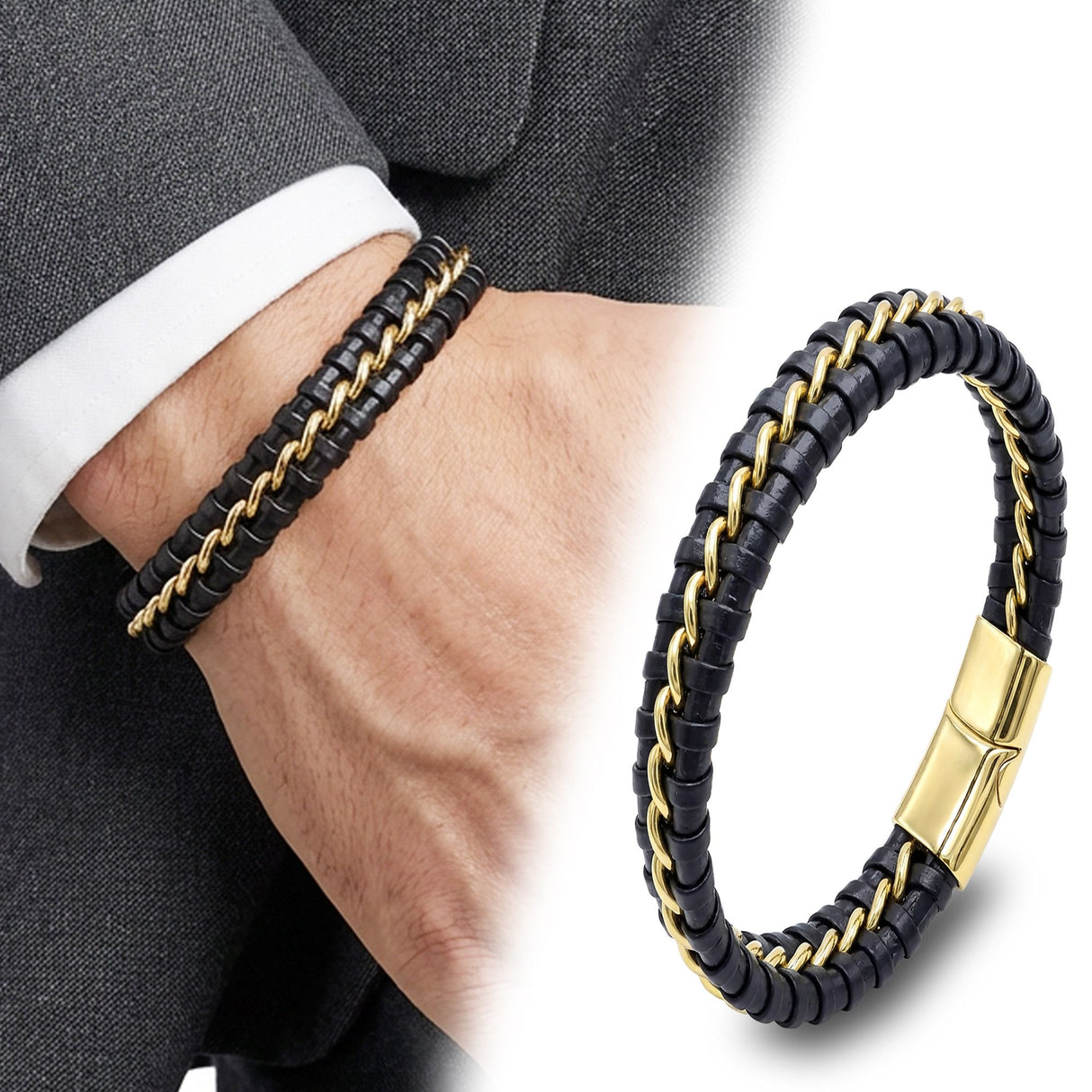 Niki Leather Sarı Zincir Ve Deri Dolama Çelik Bileklik 38934B2D3