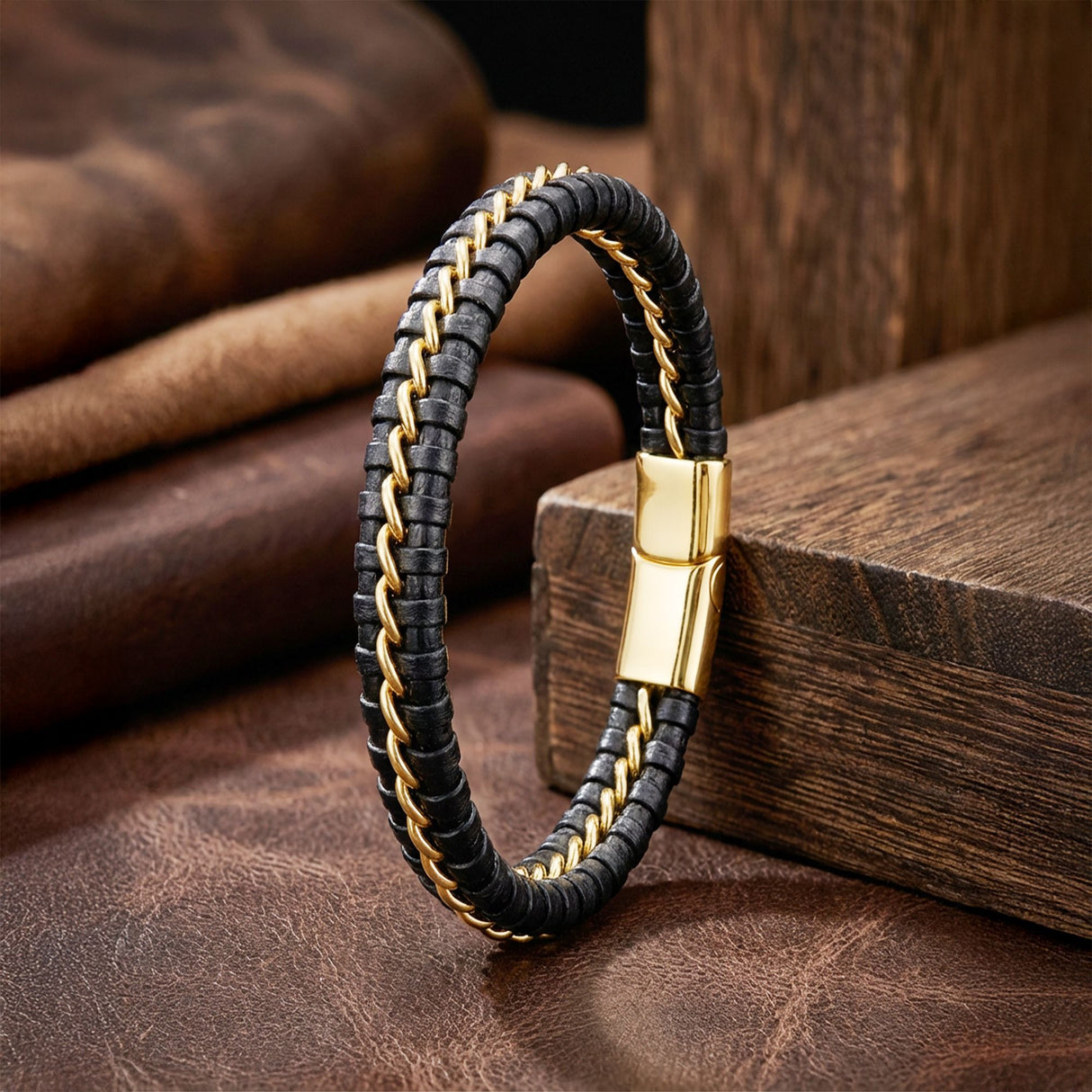 Niki Leather Sarı Zincir Ve Deri Dolama Çelik Bileklik 38934B2D3