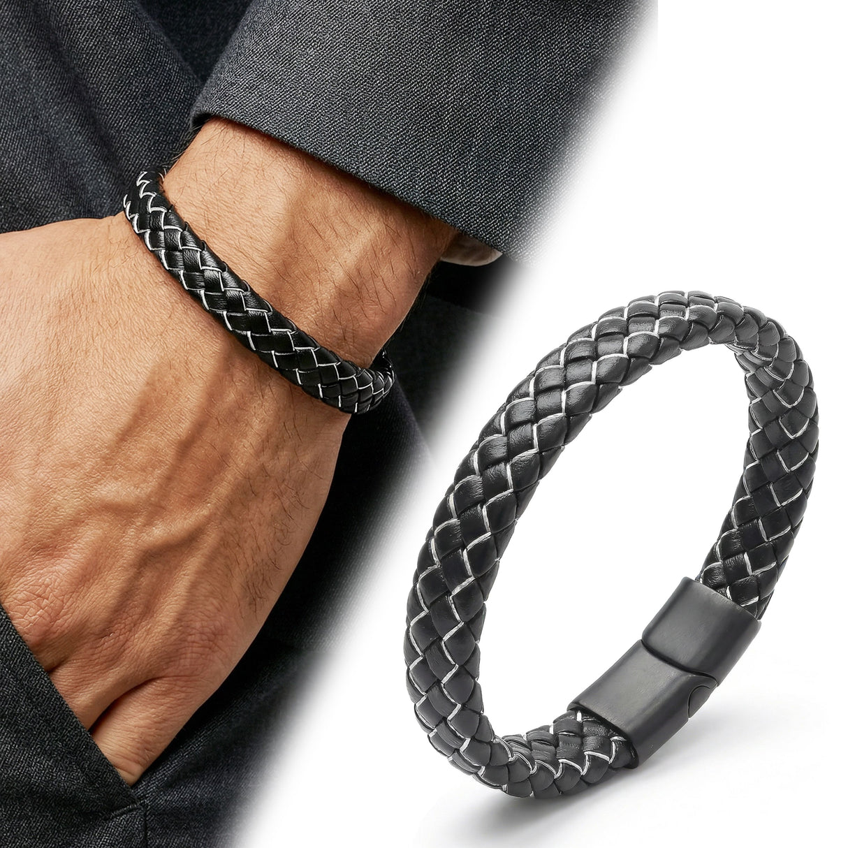 Niki Leather Siyah Beyaz Deri Örgü Çelik Bileklik 38933B4D1