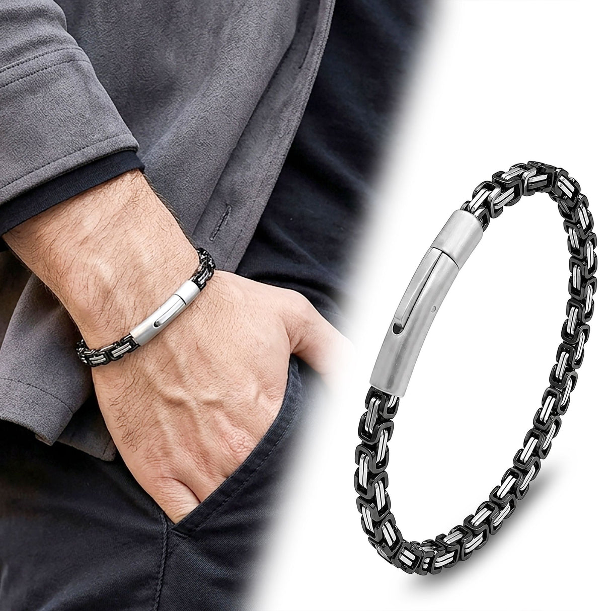 Niki Leather Siyah&Beyaz Tekli 4mm Kral Model Çelik Zincir Erkek Bileklik – Çelik Kilitli 40135B2D10
