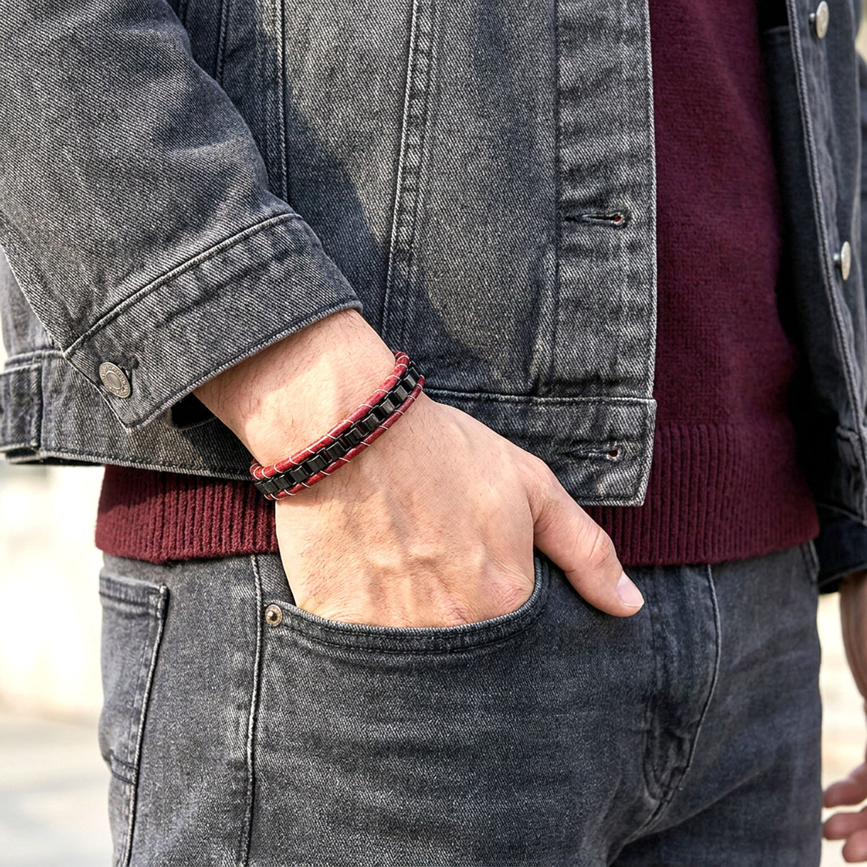 Niki Leather Siyah Çelik Zincir Örgülü Ve Kırmızı Deri Erkek Bileklik 38934B24D2