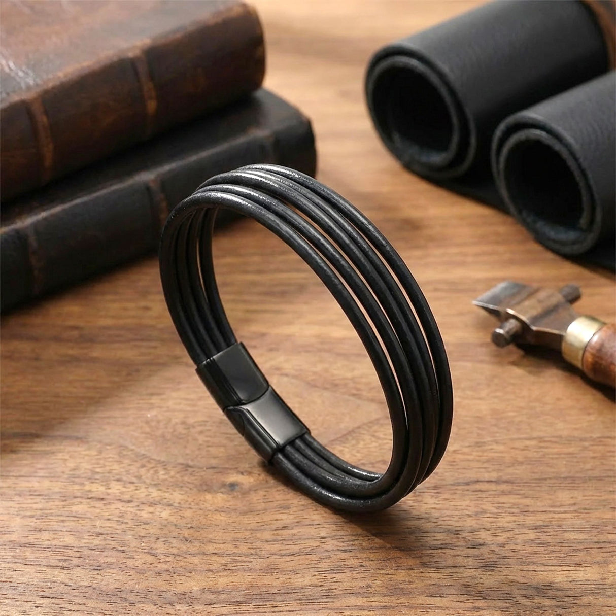 Niki Leather Siyah Çoklu Deri Ve Titianyum Kilitli Çelik Bileklik 38933B13D2