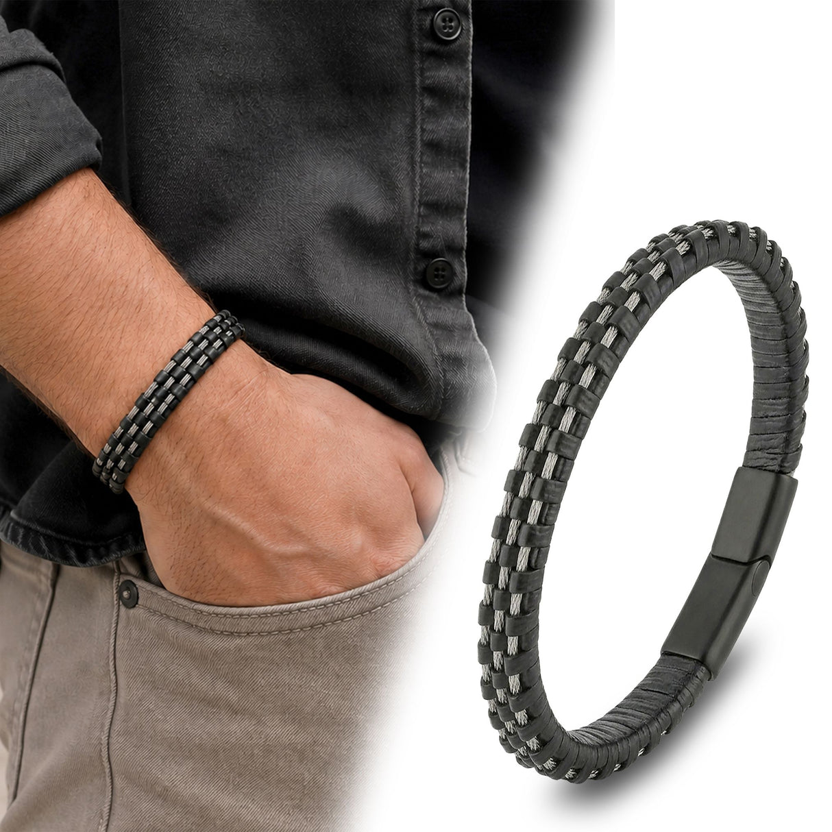 Niki Leather Siyah Deri Burma Örgü Çelik Halat Bileklik 40134B1D3-1