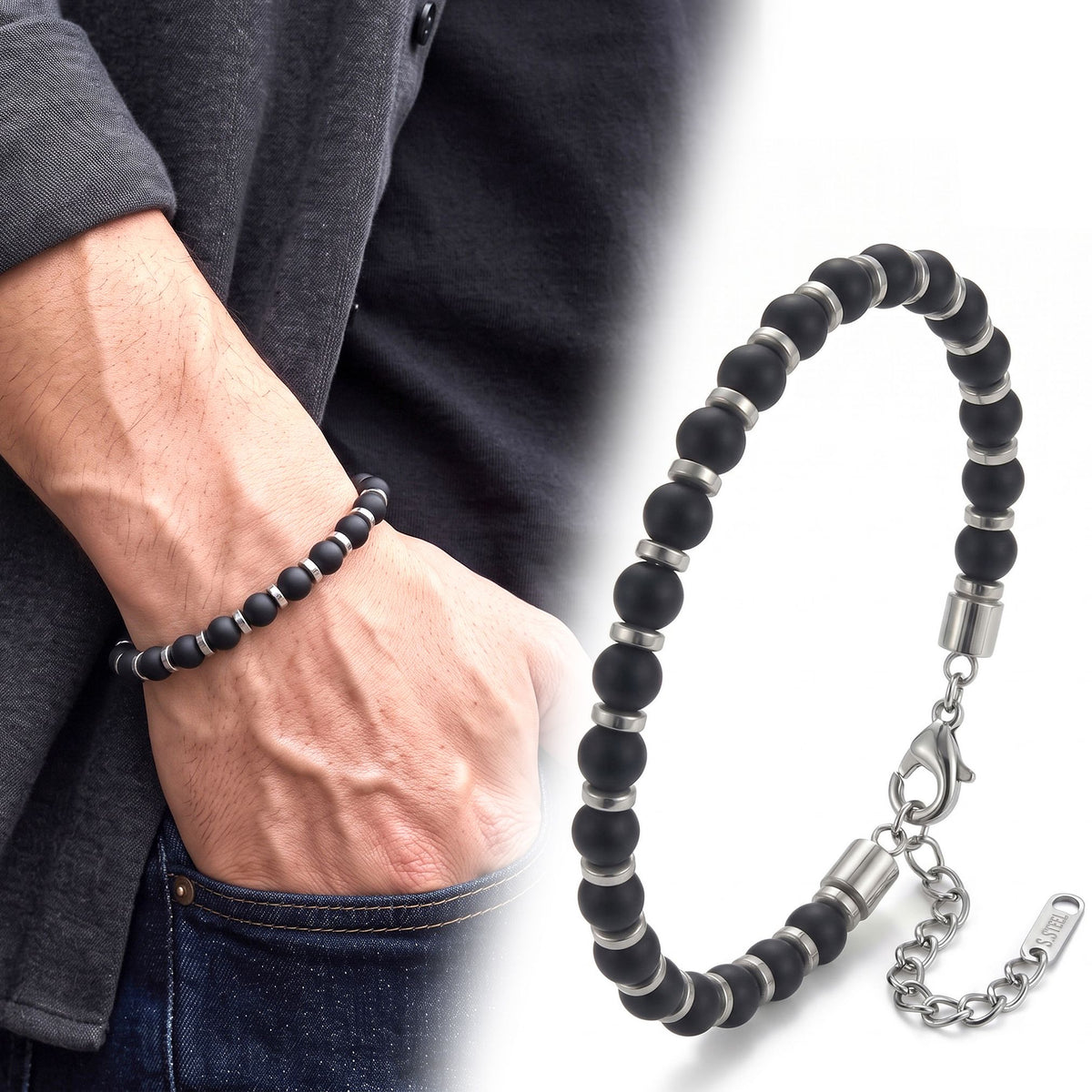 Niki Leather Siyah Oniks & Beyaz Hematit Taşlı Ayarlanabilir Çelik Erkek Bileklik 40132B10D11