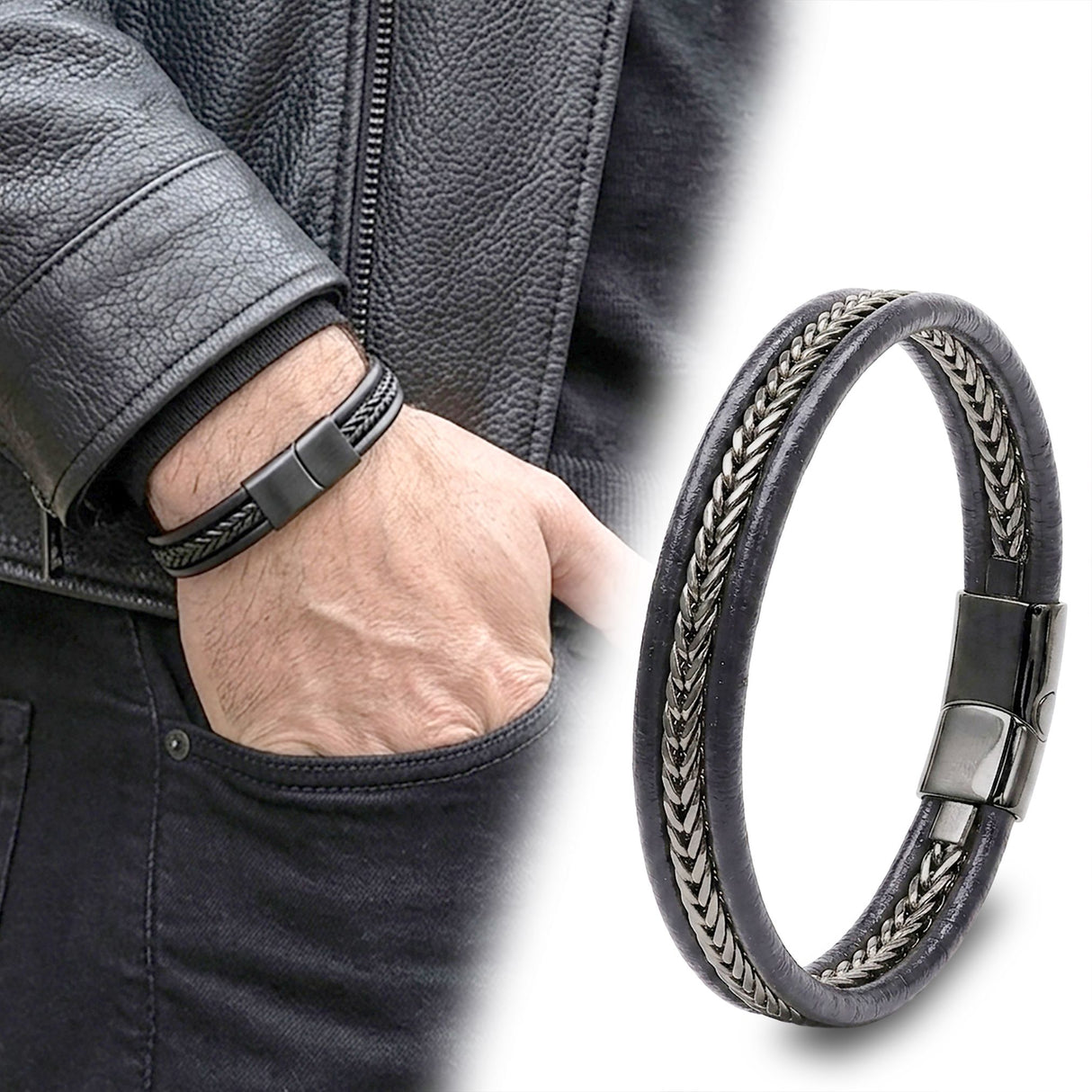 Niki Leather Siyah Renk Balıksırtı Çelik Zincir Orijinal Deri Erkek Bileklik 40136B1D2