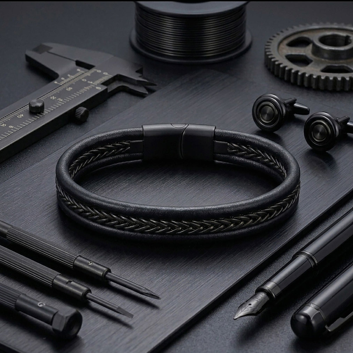 Niki Leather Siyah Renk Balıksırtı Çelik Zincir Orijinal Deri Erkek Bileklik 40136B1D2
