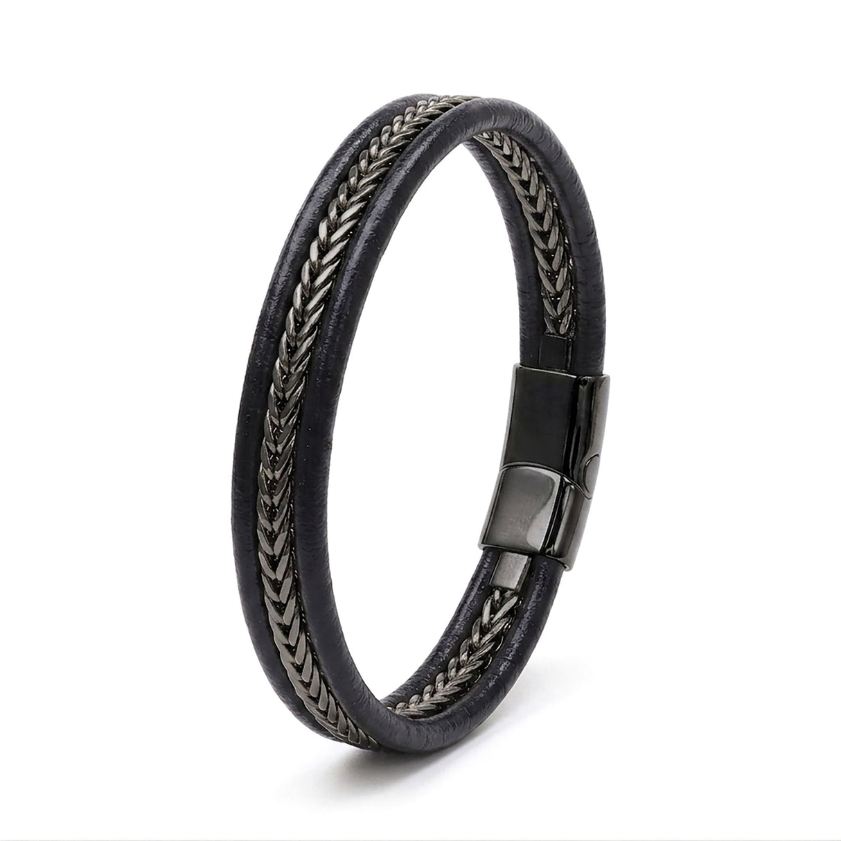 Niki Leather Siyah Renk Balıksırtı Çelik Zincir Orijinal Deri Erkek Bileklik 40136B1D2