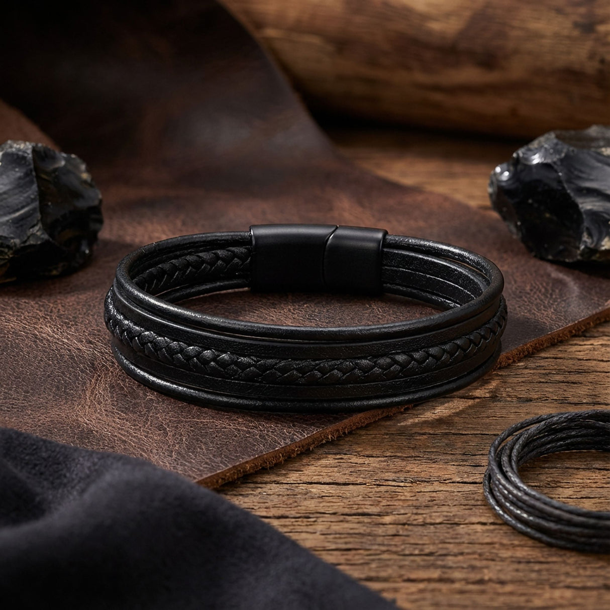 Niki Leather Siyah Tüp Örgü Ve Çoklu Deri Bileklik - Zamak Kilit 38933B2D2Z