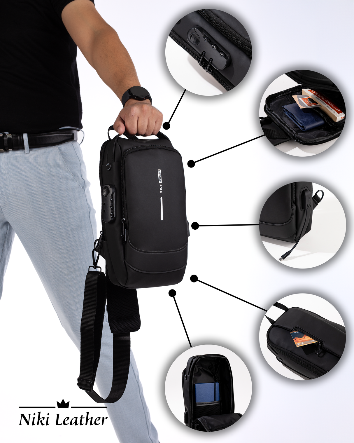 Unisex Kilitli Ayarlanabilir Çapraz Askılı Göğüs Omuz ve Sırt Çantası