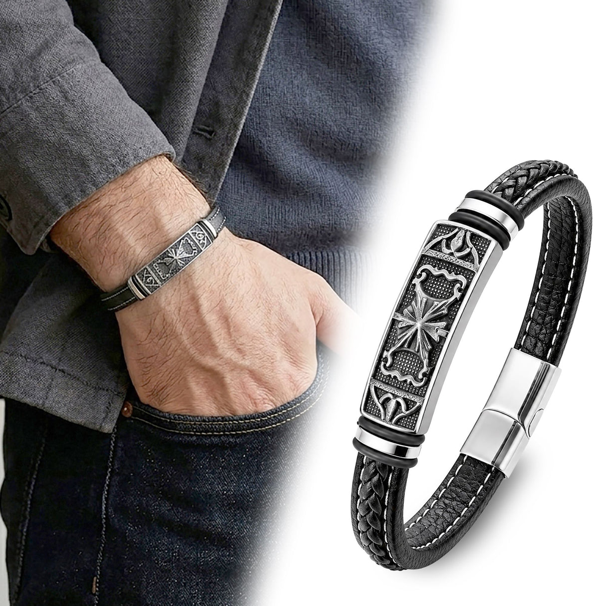 Niki Leather Şövalye Arması Motifli Çelik Kilitli Siyah Deri Erkek Bileklik 40131B8D3