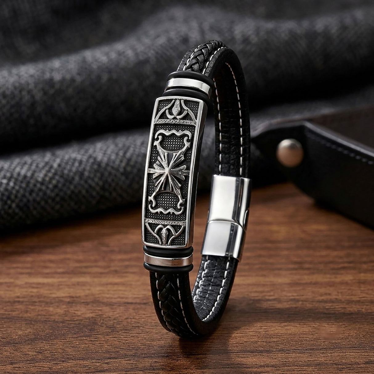 Niki Leather Şövalye Arması Motifli Çelik Kilitli Siyah Deri Erkek Bileklik 40131B8D3
