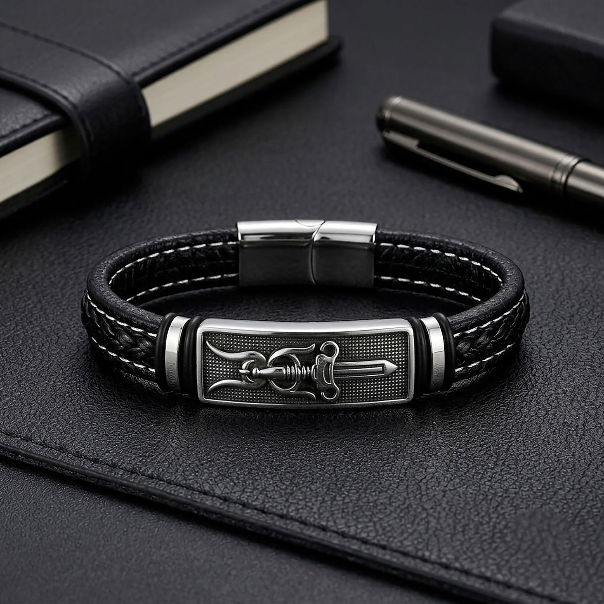 Niki Leather Şövalye Kılıcı Motifli Çelik Kilitli Siyah Deri Erkek Bileklik 40131B8D6