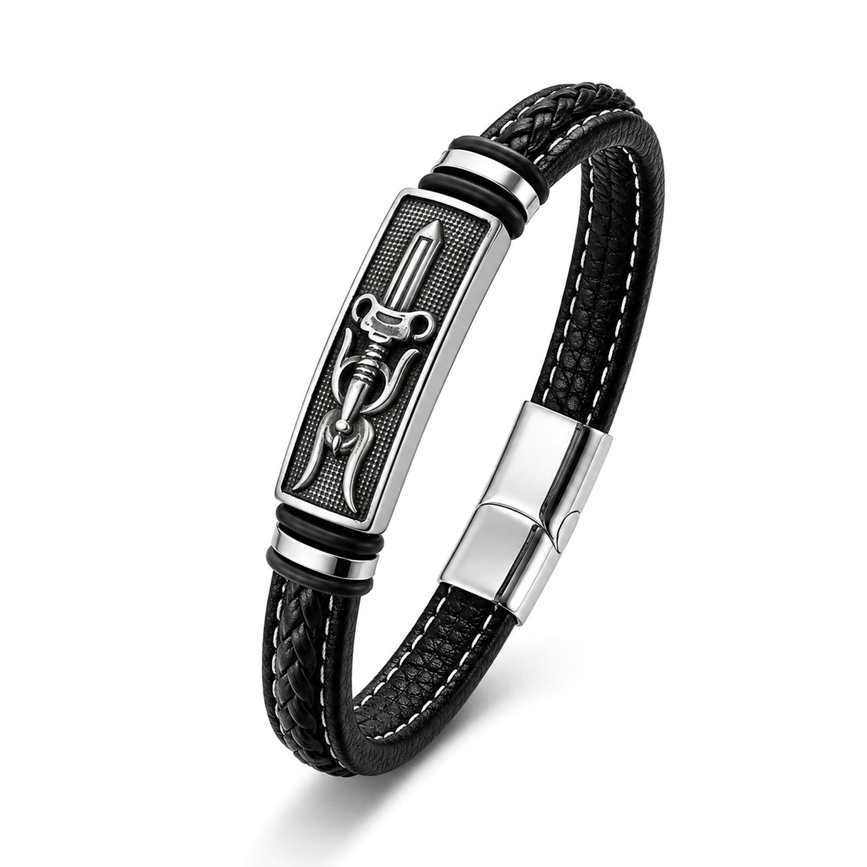 Niki Leather Şövalye Kılıcı Motifli Çelik Kilitli Siyah Deri Erkek Bileklik 40131B8D6