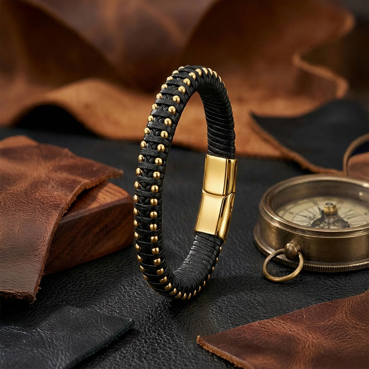 Niki Leather Syah Deri Ve Sarı Damla Çelik Zincirli Bileklik 40134B1D2-4