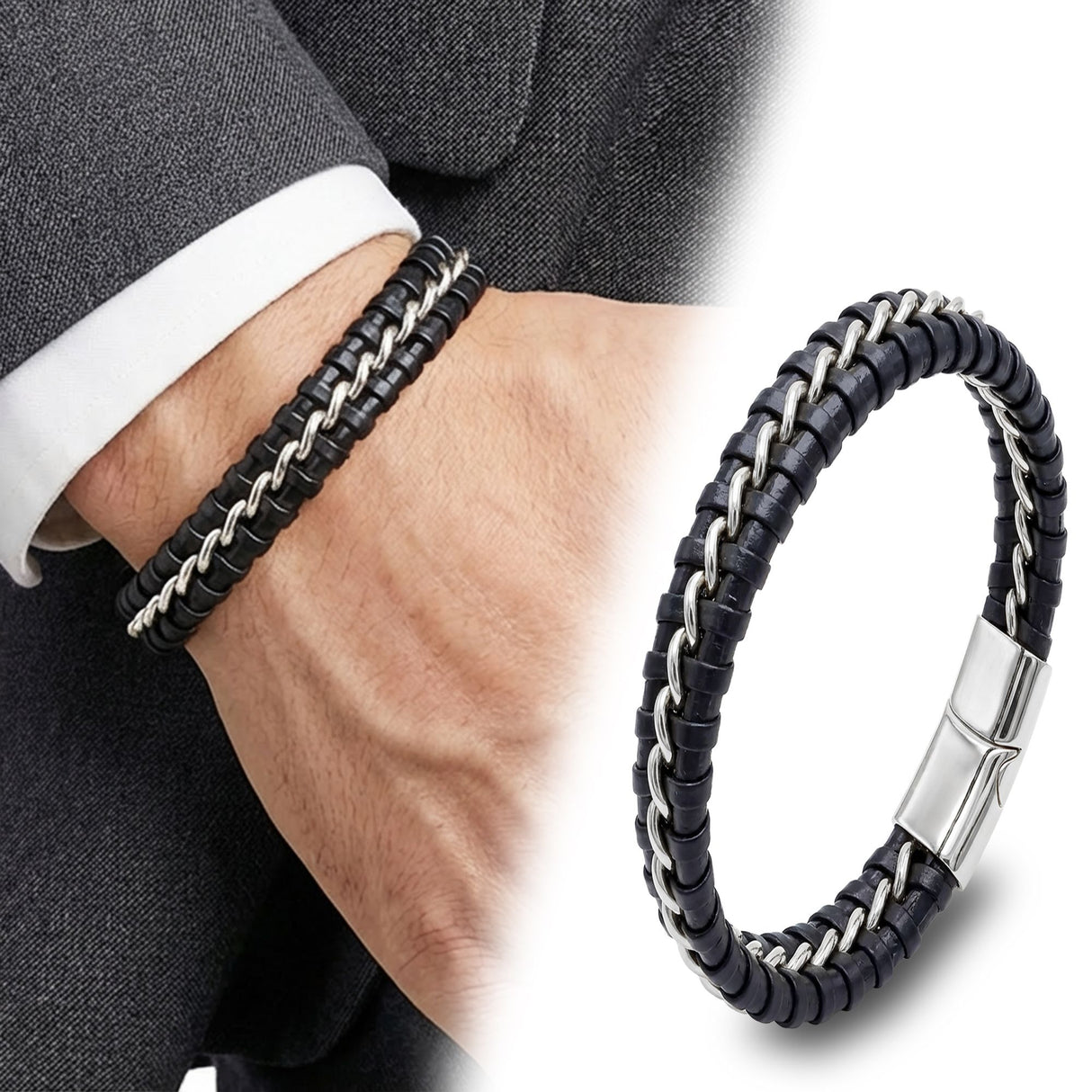 Niki Leather Zincir Model Çelik Ve Deri Bileklik 38934B2D1