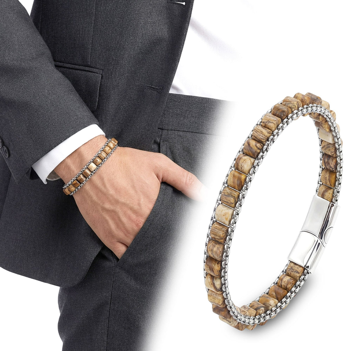 Niki Leather  Odun Jasper Doğal Taşlı Hasır Örgü Zincirli Erkek Çelik Bileklik 38932B28D13