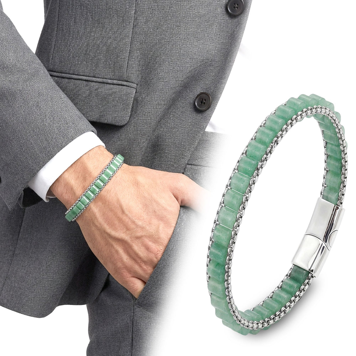 Niki Leather  Yeşil Aventurin Doğal Taşlı Hasır Örgü Zincirli Erkek Çelik Bileklik 38932B28D14