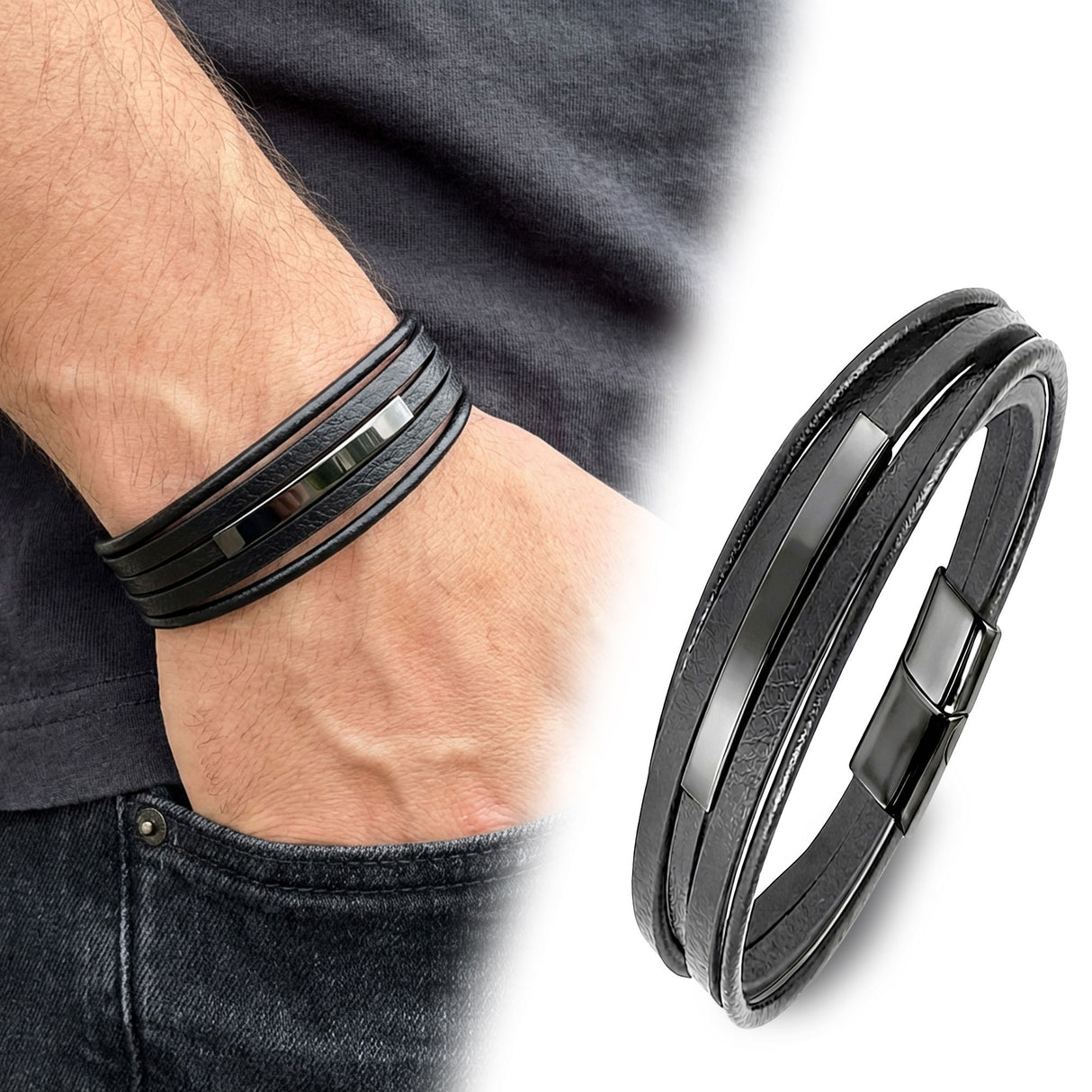 Niki Leather Siyah Titanyum Plakalı Çoklu Siyah Deri Erkek Bileklik 38934B28D10