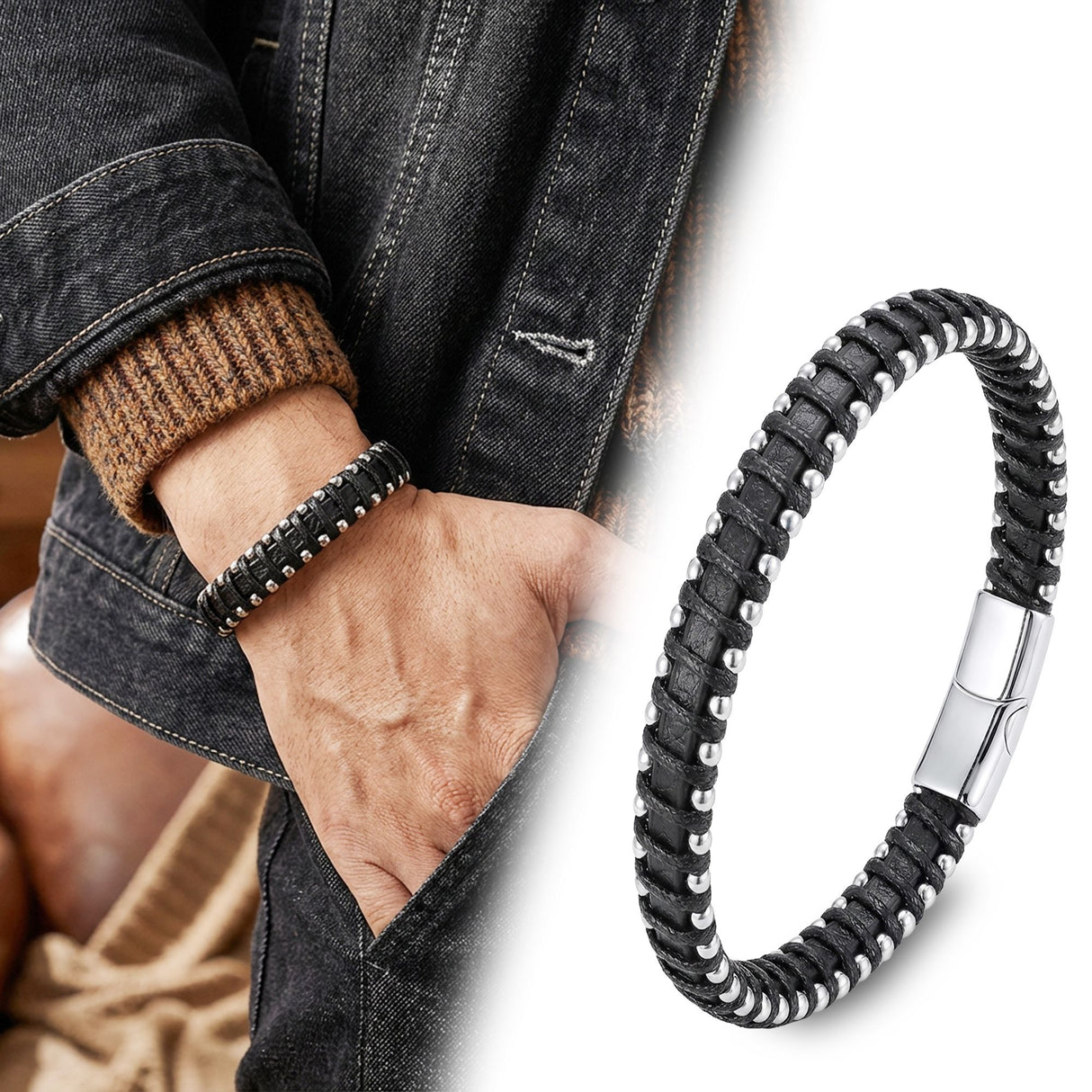 Niki Leather Damla Çelik Siyah Zincir Deri Dolama Erkek Bileklik 38934B1D5