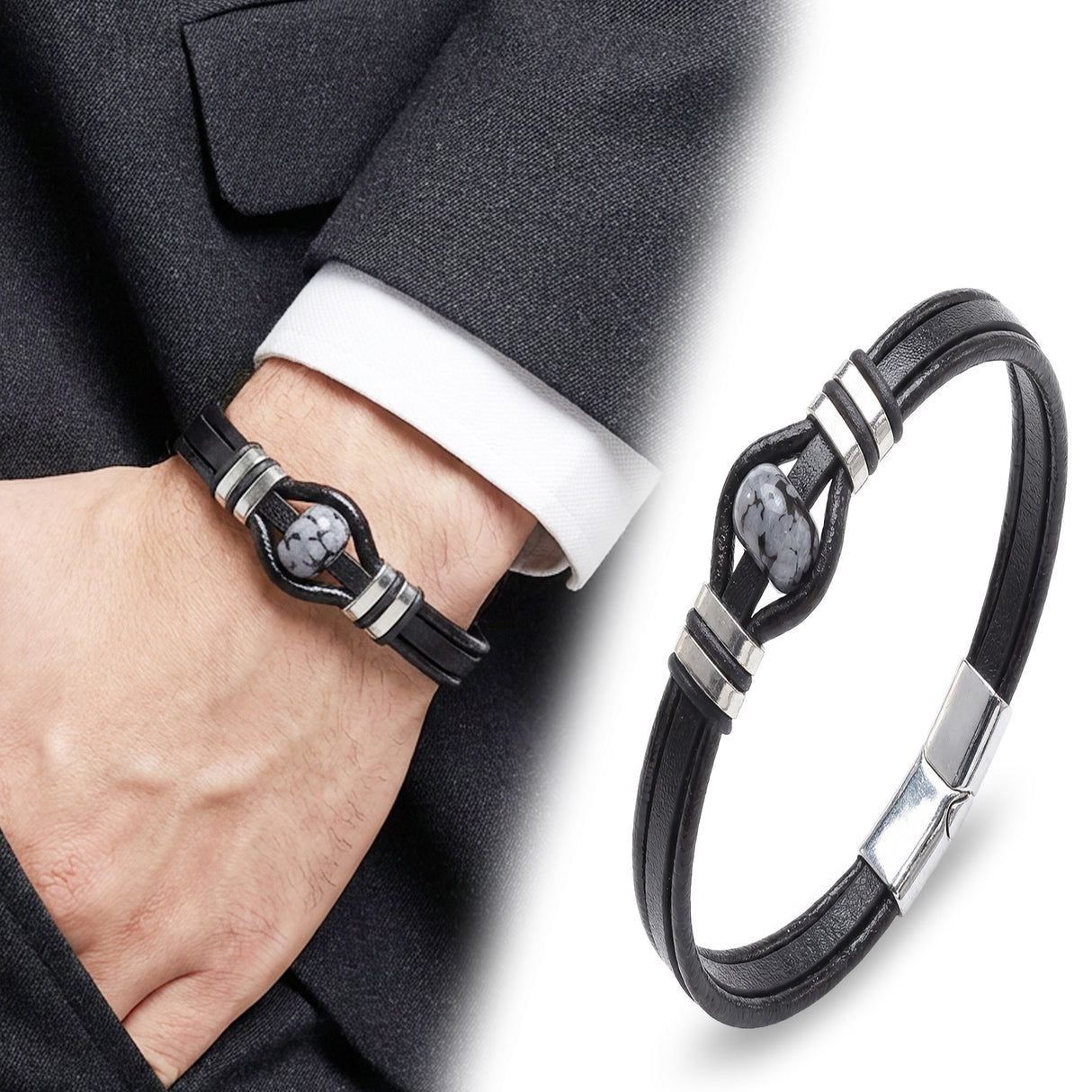 Niki Leather Snowy Obsidian Rondela Doğaltaş Ve Deri Çelik Bileklik 38932B14D8
